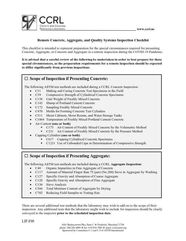 Checklist for Remote Concrete, Aggregate Inspection