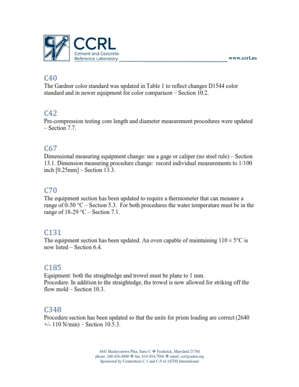 Partial List of Standards Changes that May Affect Your CCRL Inspection